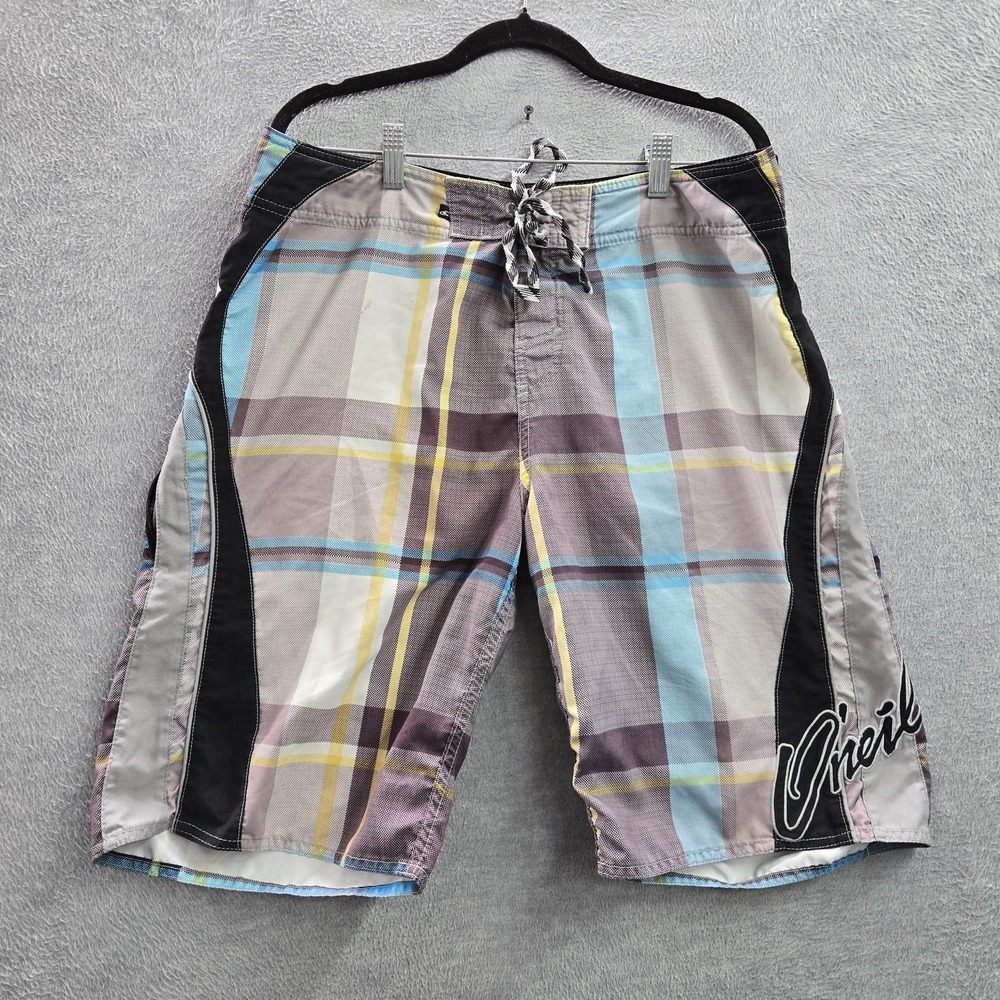 O'Neill Men Shorts 34 Purple Logo Embroidery Plaid Boardshort 11" Inseam